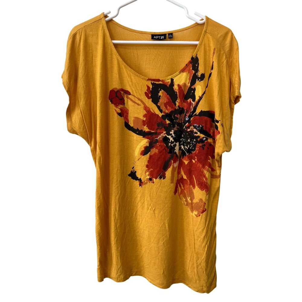 Apt 9 Top Size XL Floral Short Sleeve Scoop Neck Yellow Multi Watercolor Sequin